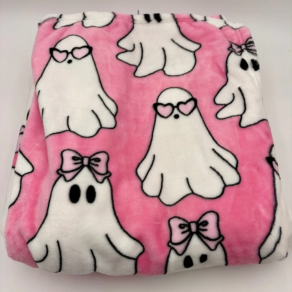 Betsey Johnson Pink Ghost Heart Sunglasses Bows Ultra Soft Plush Throw 50x70 NEW